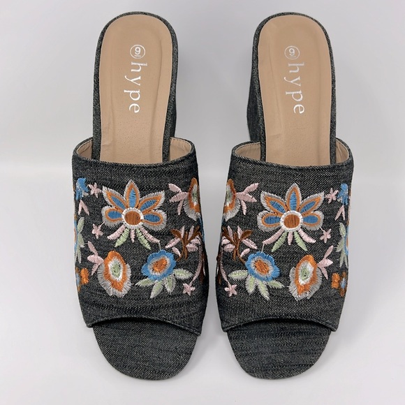 Hype Embroidered Open Toe Block Heel Denim Slip-on Mules Sz. 9 - Picture 3 of 13